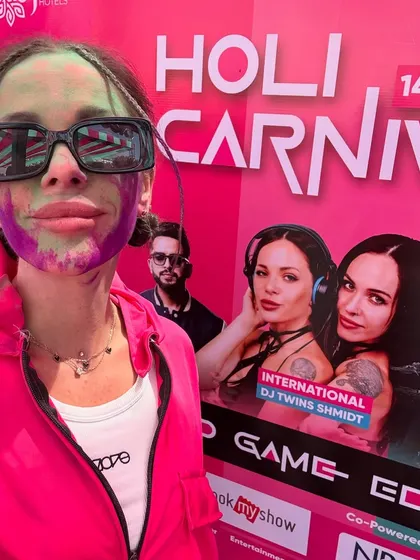 A quick selfie before our set at the Holi Carnival. You can see the excitement on our faces, ready to play for the amazing crowd.