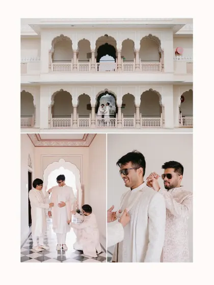 A collage of the groom getting ready with his groomsmen in a palace, capturing moments of camaraderie and support.