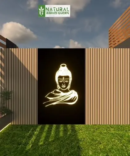 A proposed design featuring a backlit Buddha art panel as a focal point. The panel is set into a wooden slatted wall, creating a modern and serene accent.