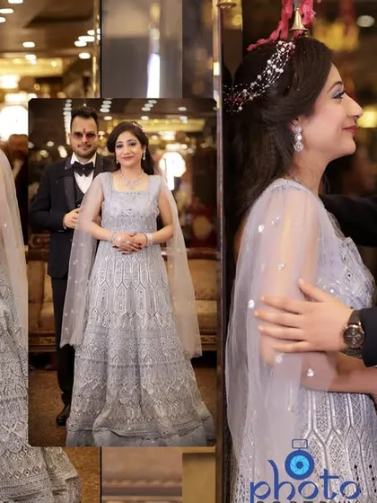 An album collage showing the couple's grand entrance and candid moments during their engagement party.