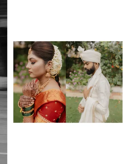 A diptych contrasting a black and white motion shot with serene color portraits of the bride and groom.