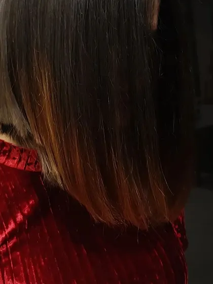 A side view of a sleek, shoulder-length bob with a subtle ombre effect. The darker roots transition to lighter brown ends, adding a touch of modern color to a classic cut.