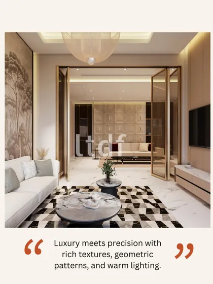 Luxury meets precision in this refined living space. We layered rich textures, geometric patterns, and warm, ambient lighting to create an atmosphere of quiet sophistication and thoughtful detail, where every element is perfectly composed.