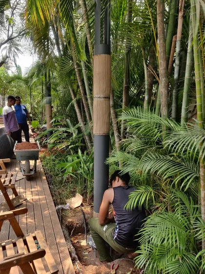 One step at a time, the vision comes together. This photo from a site in Alibaug shows the installation of outdoor lighting amidst the new landscaping, a detail that is crucial for creating ambiance and highlighting the design at night.