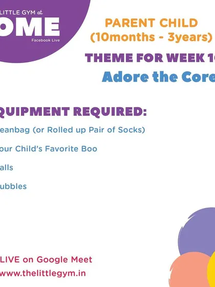 Our "The Little Gym at Home" program. These graphics outline the themes and simple equipment needed for our live online classes, ensuring kids can keep learning and moving from home.