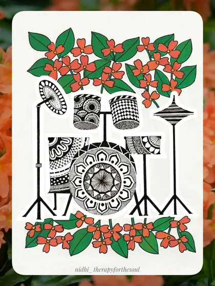 March: Kanakambari & Drums. The vibrant orange of Kanakambari flowers, which I love, paired with a full drum kit, all detailed with mandala art.
