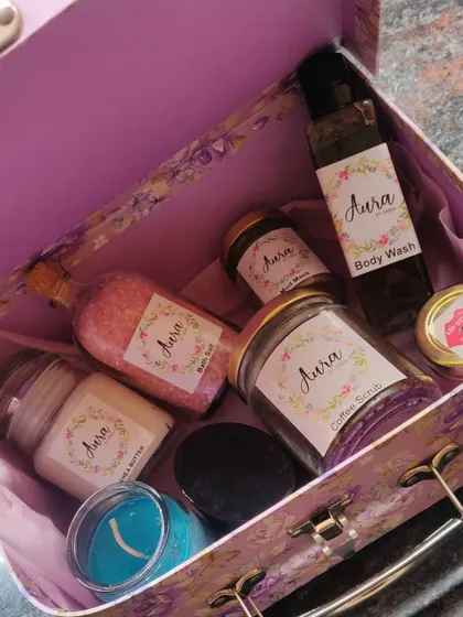 I can even put together beautiful hampers for last-minute requests. This purple floral suitcase is packed with a variety of my organic spa products, ready to pamper a loved one.