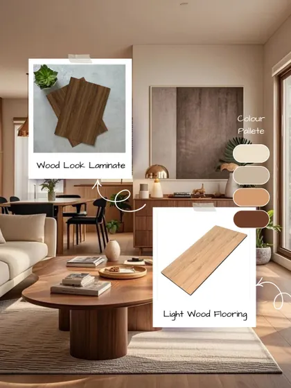 This living room achieves a warm Japandi feel with wood-look laminate furniture and light wood flooring. The neutral color palette and simple forms create a space that is both cozy and uncluttered.
