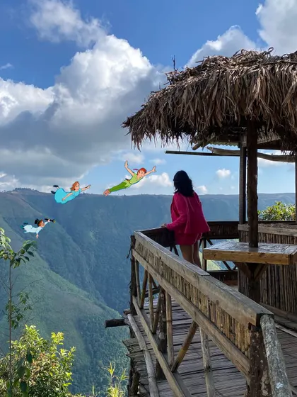 Adding a little bit of Neverland to this stunning view in Meghalaya. I drew Peter Pan, Wendy, and Michael flying through the sky.