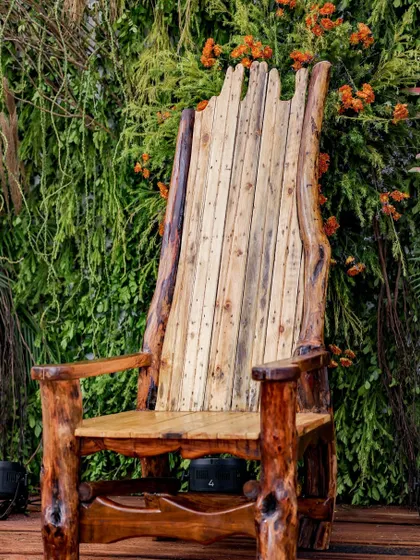 A close-up of the custom-made rustic wooden throne, which served as a fantastic photo opportunity for guests.