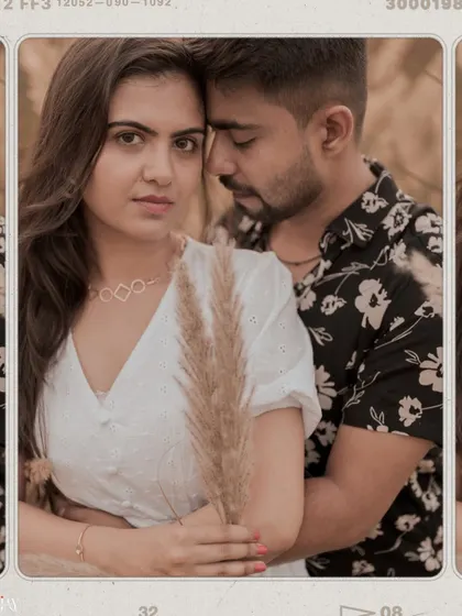 A film-strip style portrait of the couple, capturing their intense and loving gaze.