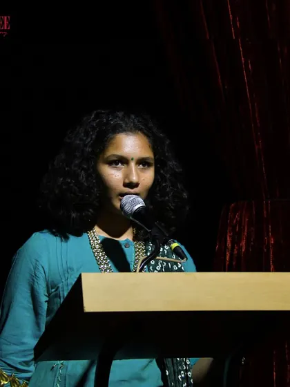 Our wonderful emcee for the evening at Nritya Sanje, setting the stage for our talented performers.