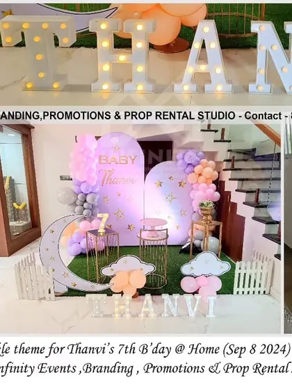 A "Twinkle Twinkle Little Star" theme for a 7th birthday at home. This setup uses the home's staircase as a beautiful backdrop, with a semi-arch, moon prop, and pastel balloons creating a magical, dreamy atmosphere.
