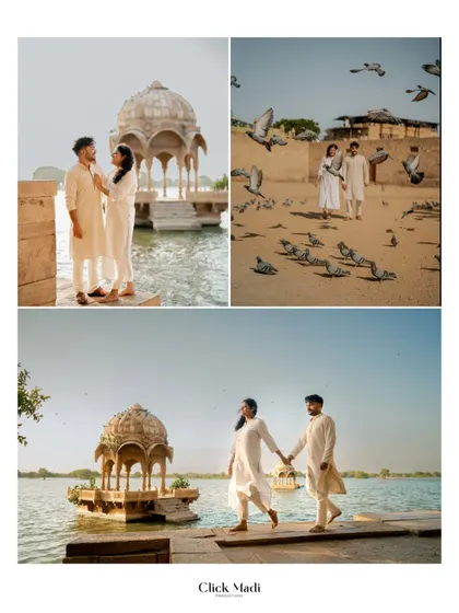 This collage captures the variety of a Rajasthan pre-wedding shoot, from romantic walks by the lake to a candid moment with a flock of pigeons.