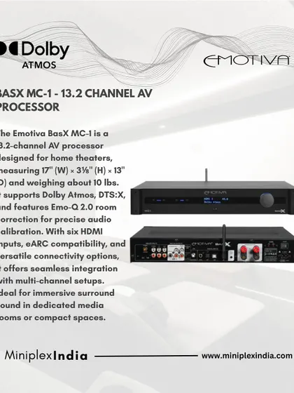 The Emotiva BasX MC-1 is a 13.2-channel AV processor designed for complex home theaters. It supports Dolby Atmos and DTS:X and offers precise audio calibration for the ultimate immersive sound.
