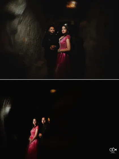 A moody and mysterious diptych of the couple posing in a dark, cave-like setting, their outfits providing a pop of color.