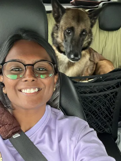 Here I am with a friend during my dog trainer internship. This experience was foundational, giving me a deep understanding of dog behavior and positive reinforcement techniques. It’s why I’m so confident handling different personalities, from playful puppies to anxious rescue dogs.