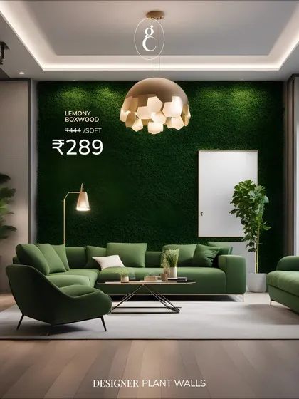 This is my 'Lemony Boxwood' designer plant wall. It provides a clean, uniform green texture that complements modern interiors and sophisticated furniture arrangements beautifully.