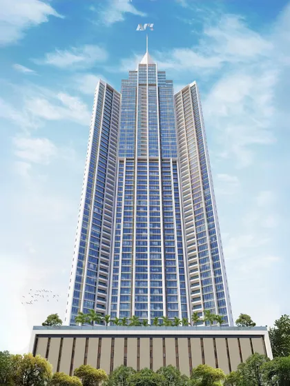 A frontal render of the One Marina skyscraper. The design soars 74 storeys, offering panoramic views of the Arabian Sea and establishing a new benchmark for luxury residential architecture in Mumbai.