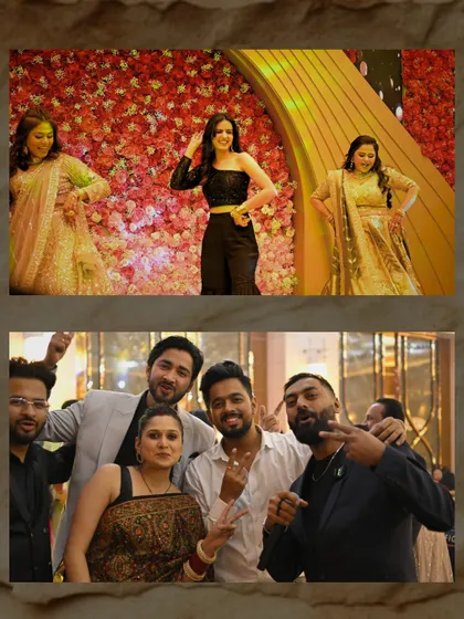 More moments from the engagement party. The top shows a choreographed dance performance I'm introducing, and the bottom is a celebratory group picture with the guests.