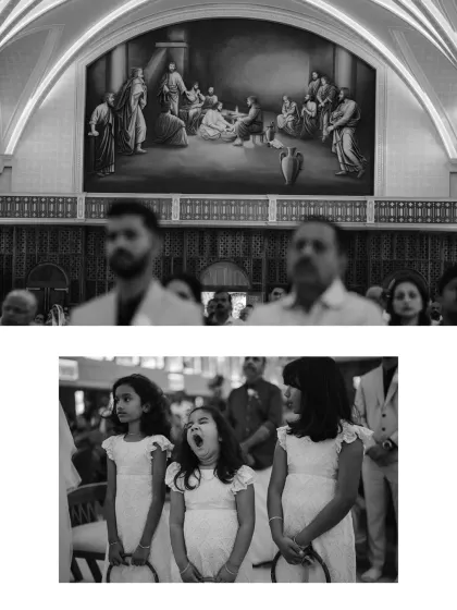 A candid collage from inside the church. It captures the solemnity of the ceremony, contrasted with the sweet, unscripted moment of a yawning flower girl, adding a touch of humor and reality.