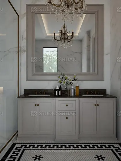 This view highlights the custom double vanity with a large, framed mirror and a classic chandelier, adding a touch of timeless elegance to the bathroom.