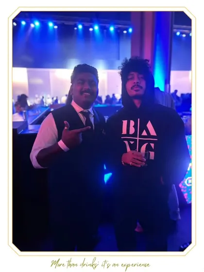 Our mixologist with Indian hip-hop artist Hanumankind. We love it when the worlds of music and mixology come together at our events.