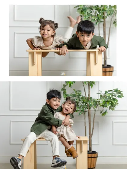 A collage of two siblings having fun together on a bench, showcasing their playful and loving bond.
