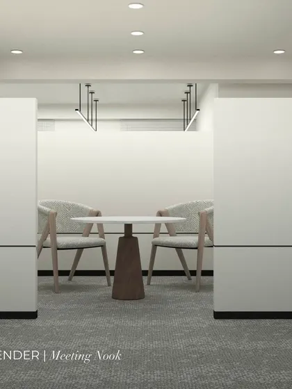 A 3D render of a minimalist meeting nook. This visualization helped us perfect the proportions of the partitions, the choice of furniture, and the lighting, creating a concept for a serene, focused space.