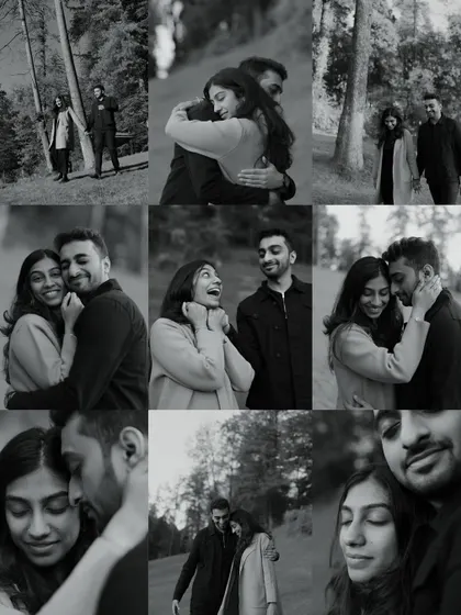 A collage of candid and emotional black and white moments. This collection is filled with genuine laughter, surprised expressions, and tender embraces, telling a rich story of their connection.