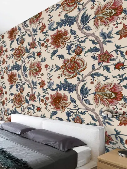Our Seamless Baroque Floral Pattern wallpaper brings a touch of classic elegance to this bedroom. The intricate design and rich colors create a luxurious and romantic atmosphere.