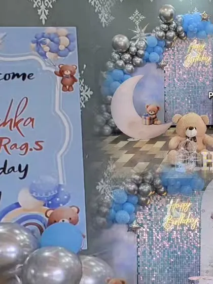 This image shows the welcome sign and a collage view of the teddy bear party decorations.