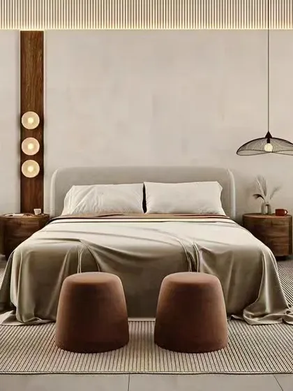I designed this bedroom with a focus on soft, earthy tones and natural textures. The mix of wood, fabric, and unique lighting fixtures creates a warm, comfortable, and effortlessly stylish space for rest.