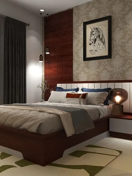 A duplicate of ID 178, showing the elegant combination of classic wallpaper and modern lighting in the bedroom.