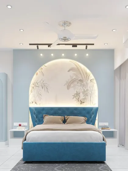 A beautiful bedroom render featuring a blue velvet bed and a stunning arched headboard with a floral mural and soft backlighting.