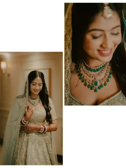 A diptych of the bride, showing a full-length view and a close-up of her beautiful smile and jewelry.