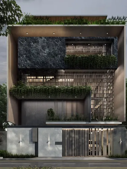 Here, dark grey marble cladding and warm wooden slats are combined with cascading vertical greenery. This biophilic approach to facade design creates a living, breathing exterior that is both sustainable and visually dynamic.