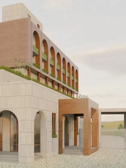 A closer view of the upcoming project, detailing the interplay between the heavy, light-colored base and the contrasting upper volume, with repeated arches creating a strong visual identity.