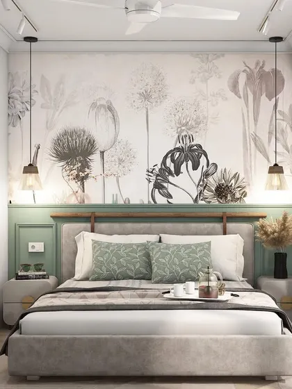 A bedroom design for our Adani Samsara Vilas project, featuring a beautiful floral wallpaper, a custom bed with a sage green paneled headboard, and hanging pendant lights.