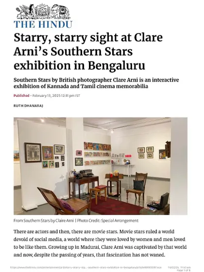 A feature article in The Hindu about Clare Arni's 'Southern Stars' exhibition. Press coverage is essential for sharing the stories of our exhibitions with a wider audience.