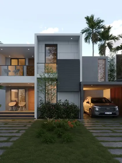 A contemporary home design with a balanced composition of white and grey volumes, a glass balcony, and an integrated carport.