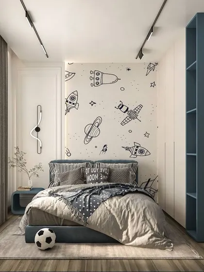 A repeat of the cozy boy's room (ID 102), showcasing the minimalist design with a fun, illustrated wallpaper that adds personality.