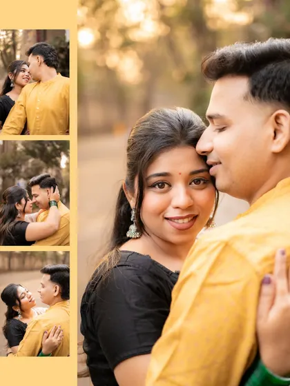 A collage showcasing the couple's affectionate moments during their pre-wedding shoot in a park. The main image features a tender embrace, highlighting their close bond.