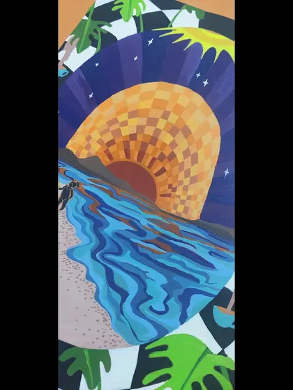 Another detail of the custom beach sunset artwork. This angled view highlights the surreal, curved perspective of the scene and the starry night sky above the pixelated sun.