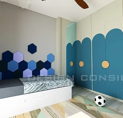 Another view of the kids' room, showing the bed with a unique hexagonal-paneled headboard and a wardrobe with curved, wave-like shutters. It's a room that encourages imagination.