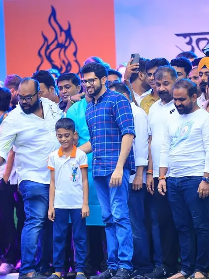 Leaders and organizers, including Aditya Thackeray, on stage interacting with the crowd and participants. We manage stage access and coordination for all VIPs and guests.