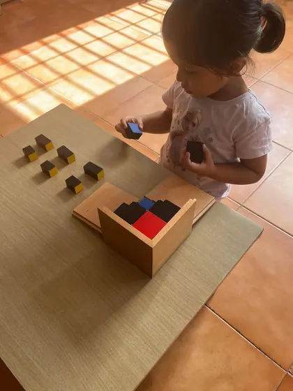 This child is exploring the trinomial cube, a challenging sensorial material that indirectly prepares the mind for mathematical concepts like the cube of a trinomial.
