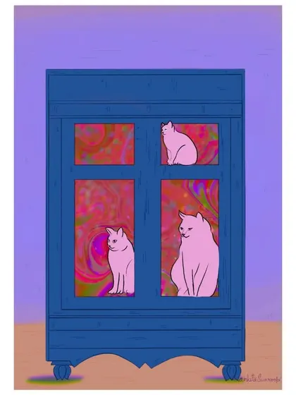 A color variation with pink cats in a blue cabinet against a swirling, psychedelic background.