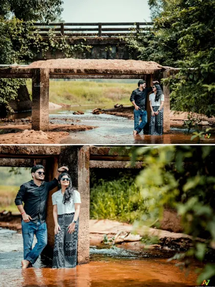 A collage of a couple posing under a rustic bridge in a stream, blending a cool, stylish pose with a natural setting.