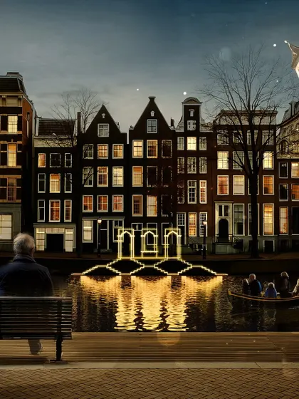 Our light installation, 'Echoes of the Deep', reimagines an ancient Indian step-well on an Amsterdam canal. This piece, seen here from a contemplative viewpoint, uses glowing geometric forms to create an architecture of light, inviting passersby to pause and reflect on the idea of stillness in a busy city.